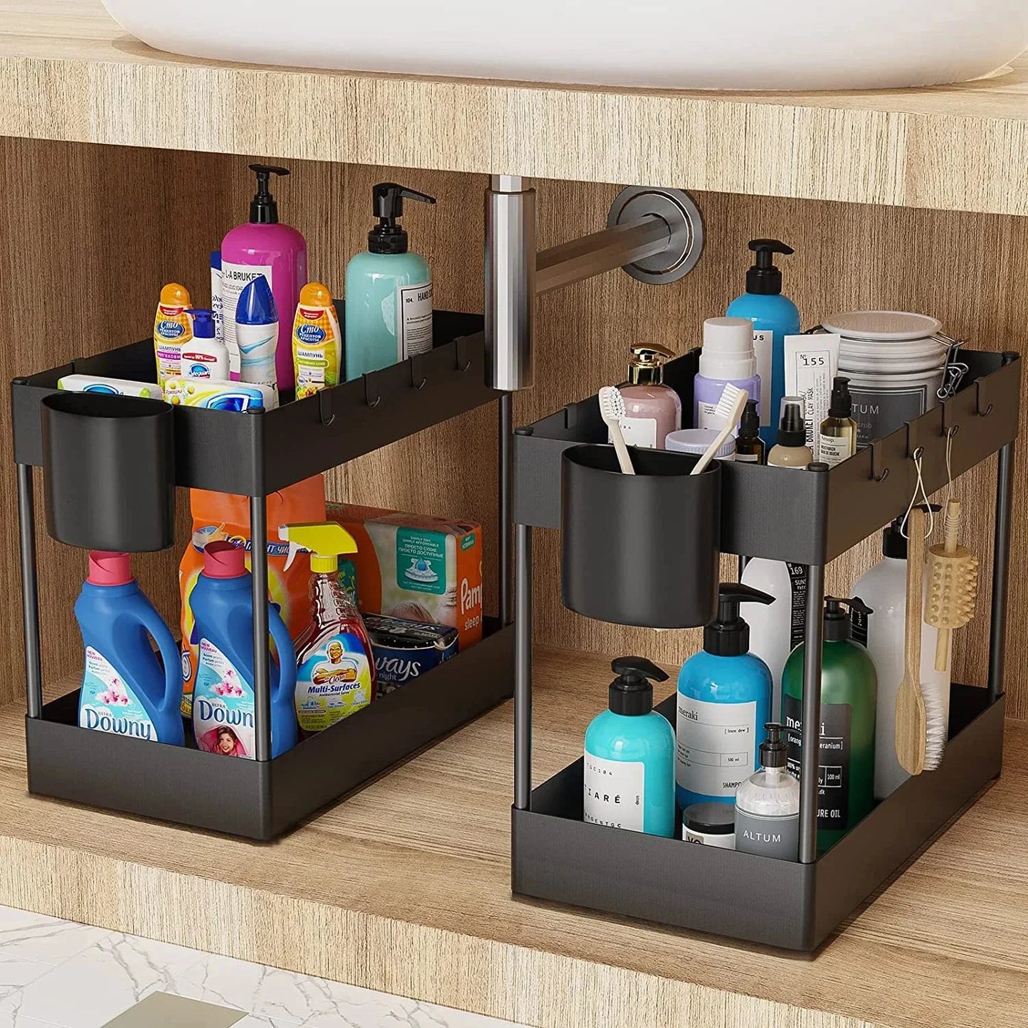 Organization and storage under the sewer, kitchen finishing rack with double sliding drawers, multifunctional storage rack shelf