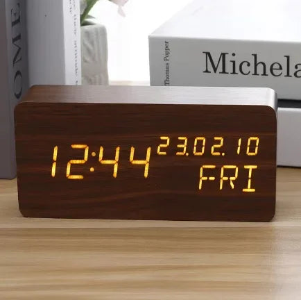 Wooden Clock Electronic Clock, LED Date Weekly Temperature Display Electronic Alarm Clock