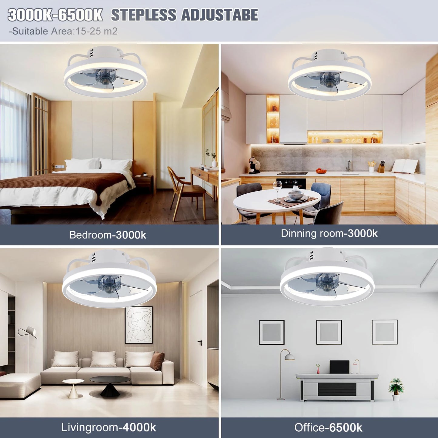 Modern LED ceiling fan with adjustable two-way blade timer and remote control tri-color adjustable bedroom living room kitchen