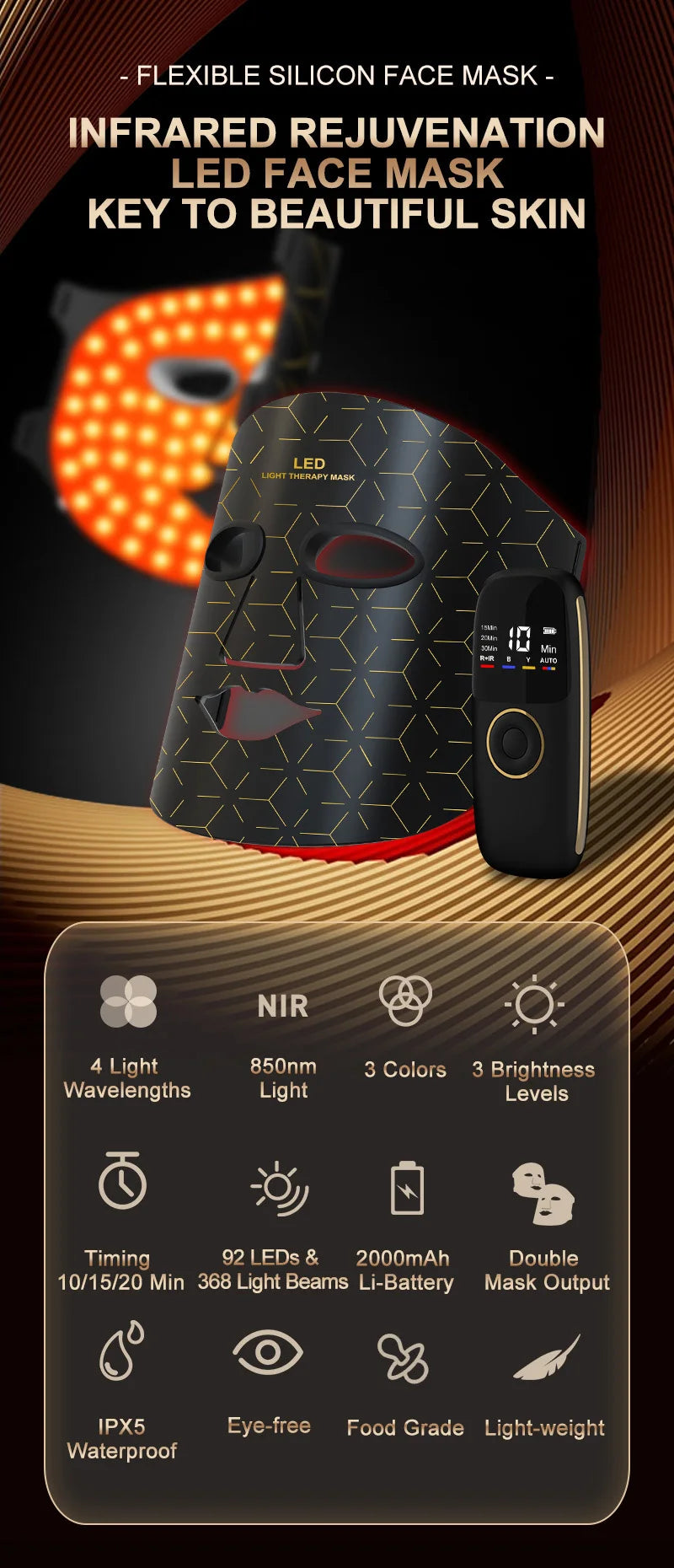 NIR LED Face Mask Neck Mask 92 and 78 Lamp 368 and 312 Beam Infrared Light Therapy 3 Brightness Reduce Wrinkle Acne Facial Care