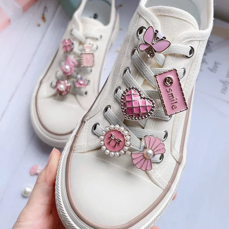 14Pcs NEW Pink Shoe Buckle Shoe Lace Charms for Sneaker Pearl Heart Shoe Lace Decoration Charms Fashion DIY Shoe Accessories