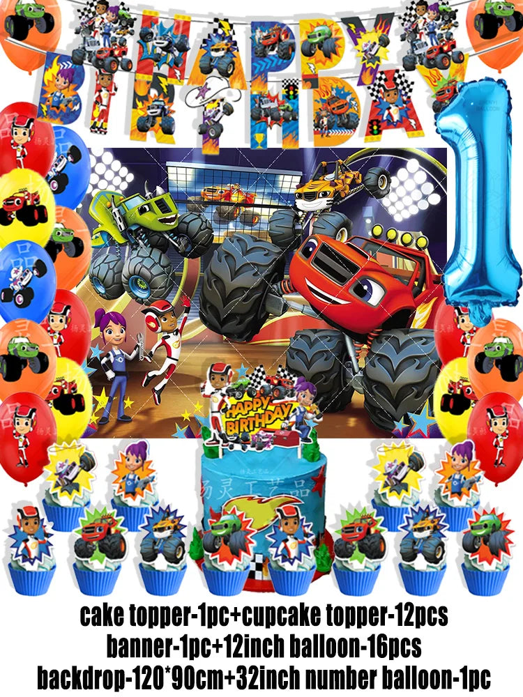 Blaze Monster Machines Theme Birthday Party Supplies Decor Cartoon Truck Balloon Banner Backdrops Cupcake Topper for Kids Gifts