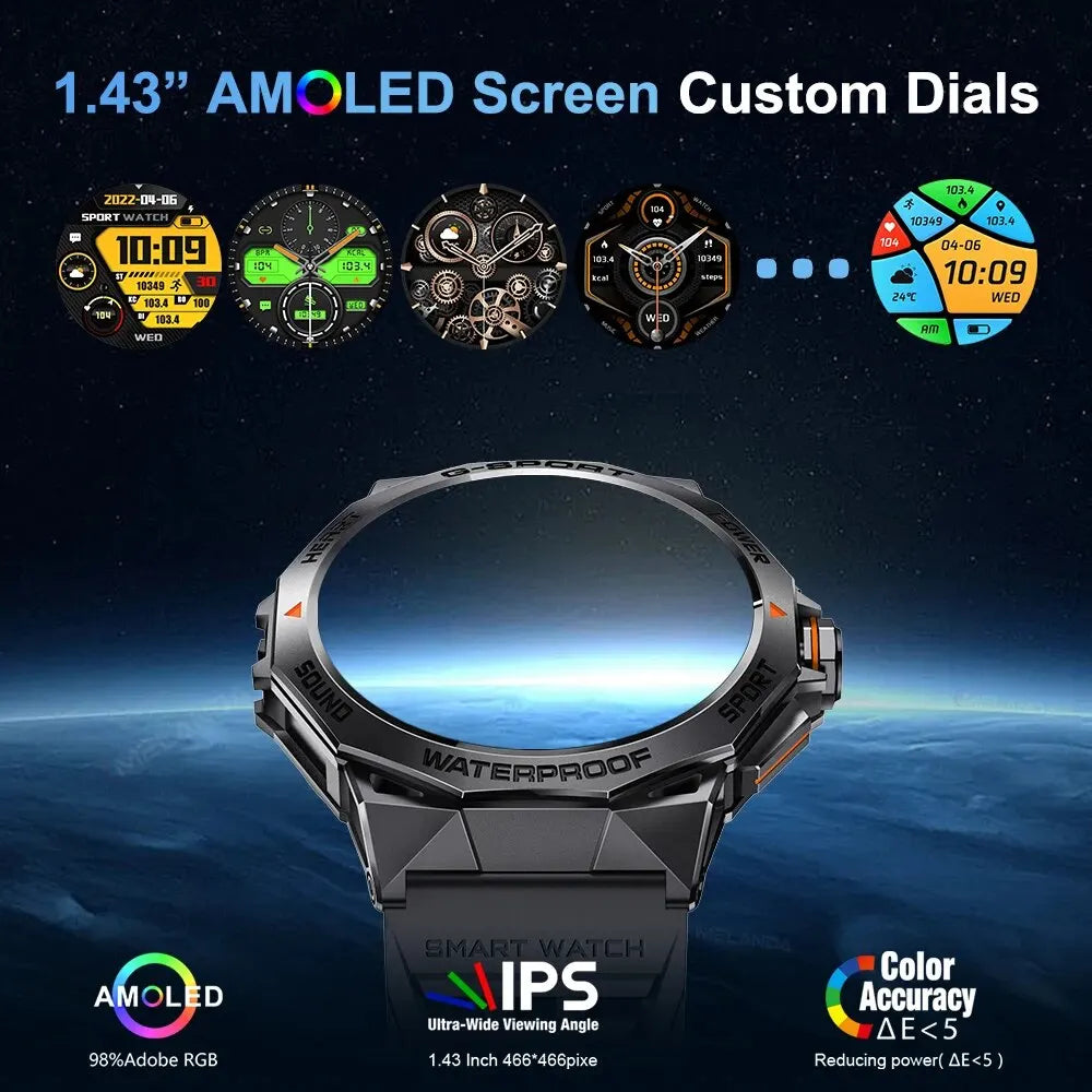 MELANDA 1.43” AMOLED HD Bluetooth Call Smart Watch Men Sports Fitness IP68 Waterproof Steel Smartwatch for Android IOS K62
