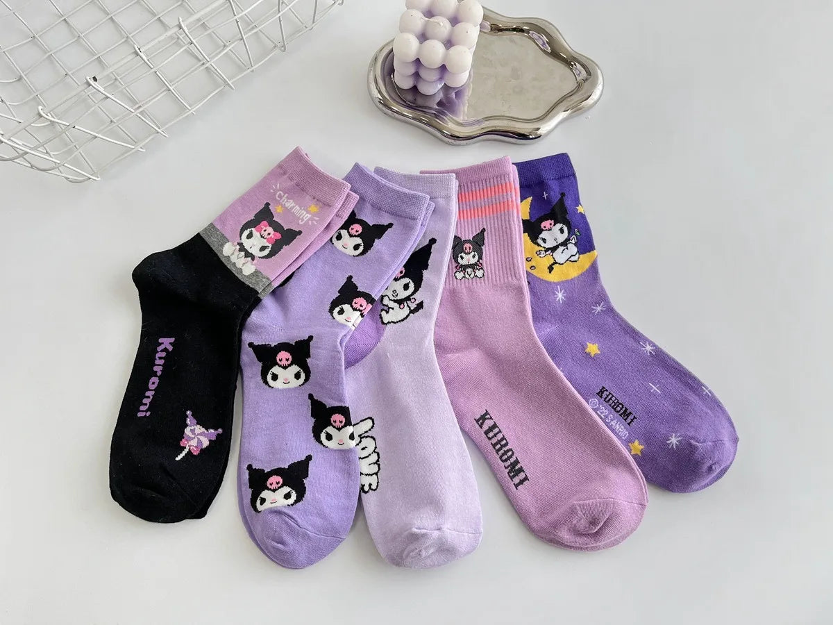 1/5 Pair of Fashionable and High Aesthetic Dreamy Party Sanrio Cute Cartoon Kawaii Purple Kuromi Women's Exquisite Stockings