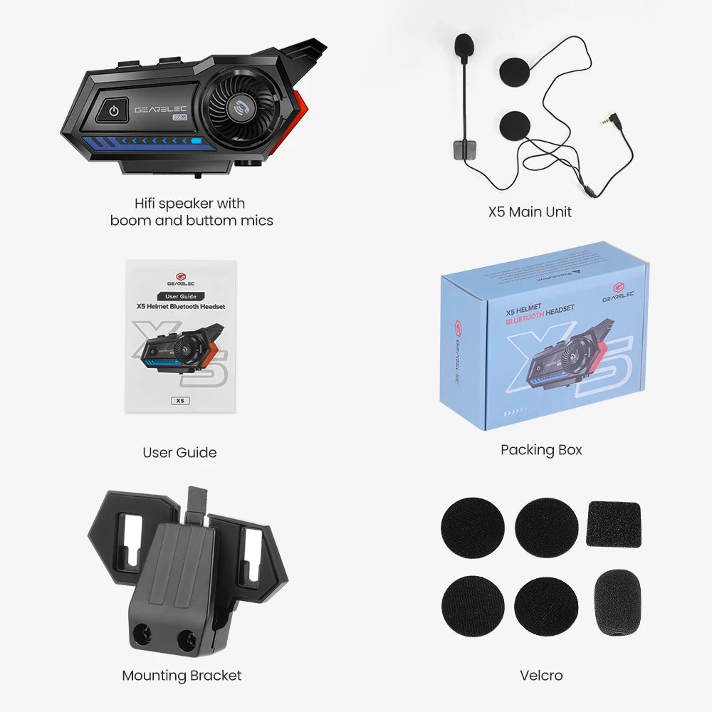 GEARELEC X5 Motorcycle Helmet Headset BT 5.2 Waterproof Wireless Headphones Voice Control Roise Reduction FM Radio Warning Light