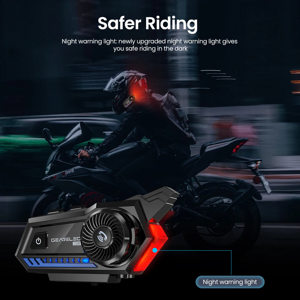 GEARELEC X5 Motorcycle Helmet Headset BT 5.2 Waterproof Wireless Headphones Voice Control Roise Reduction FM Radio Warning Light