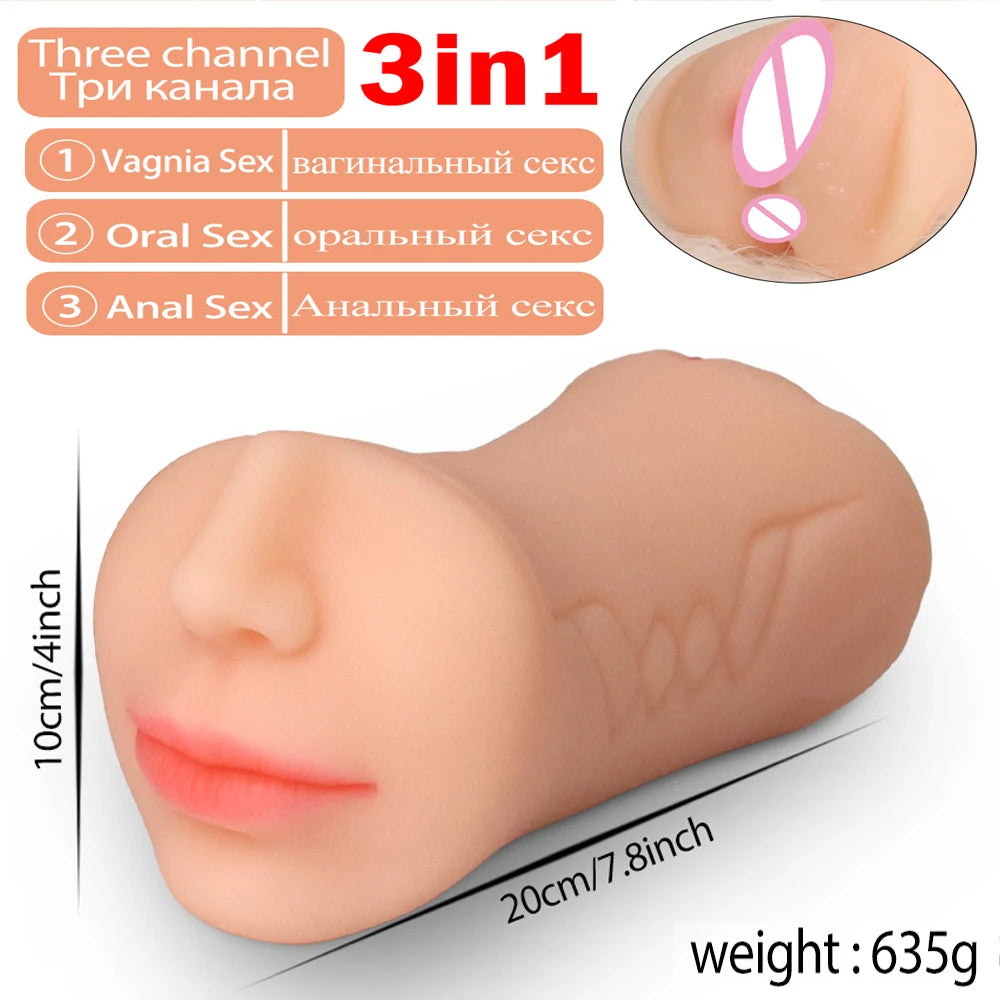 3 IN 1 Male Masturbator Silicone Vagina Real Pussy Open Mouth Teeth Realistic Sex Deep Sex Toys for Men Oral Masturbation Sextoy