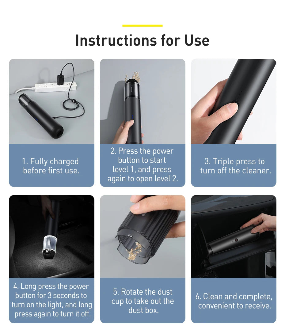 Baseus A3 15000Pa Car Vacuum Cleaner Wireless Cleaner Mini Portable Powerful Auto Vacuum Cleaner Air Blower W LED for Home Car