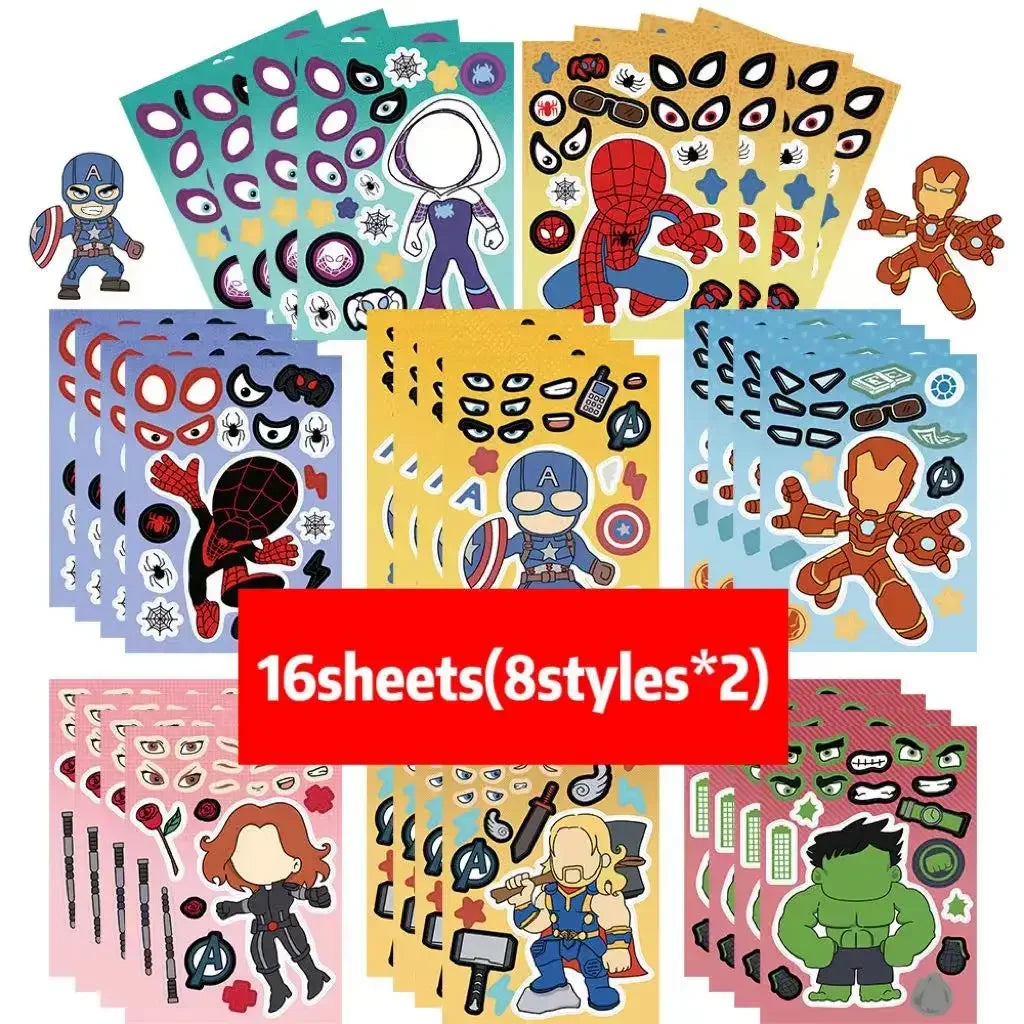 8/16Sheets Disney Marvel Spiderman Iron Man Stickers Make a Face Game Sticker Kids DIY Notebook Children Assemble Jigsaw Toys