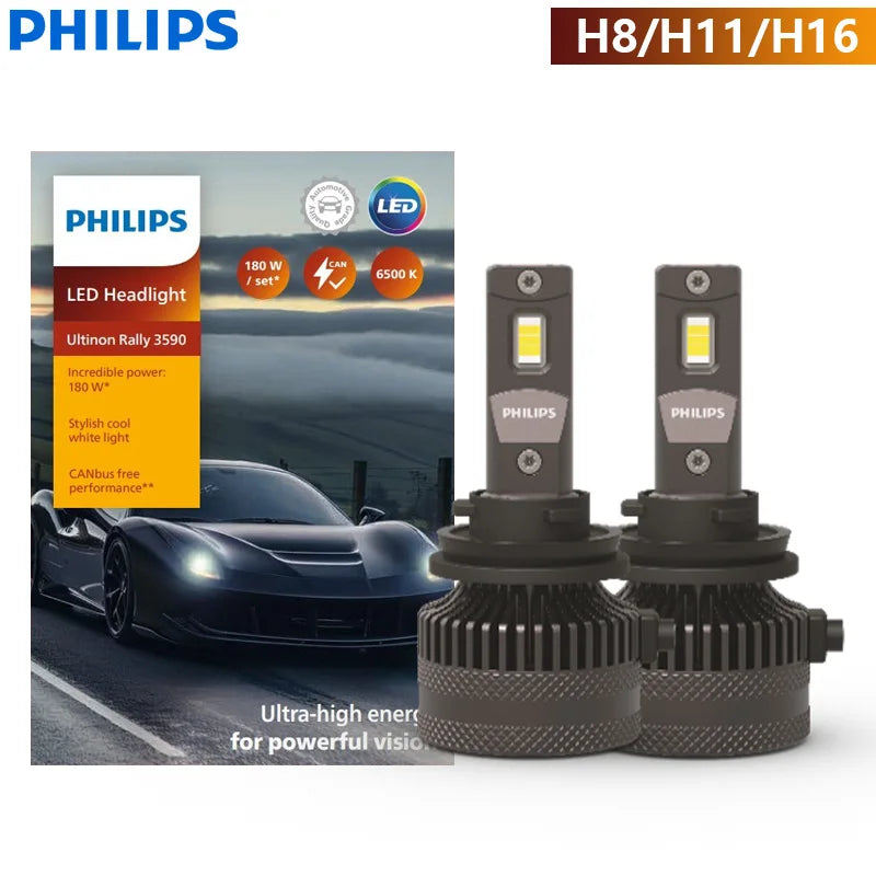 Philips Ultinon Rally 3590 LED H4 H7 H11 HB3 HB4 HIR2 180W Power Bright Car Headlight 6500K White Max  Lumen Watt LED Bulbs