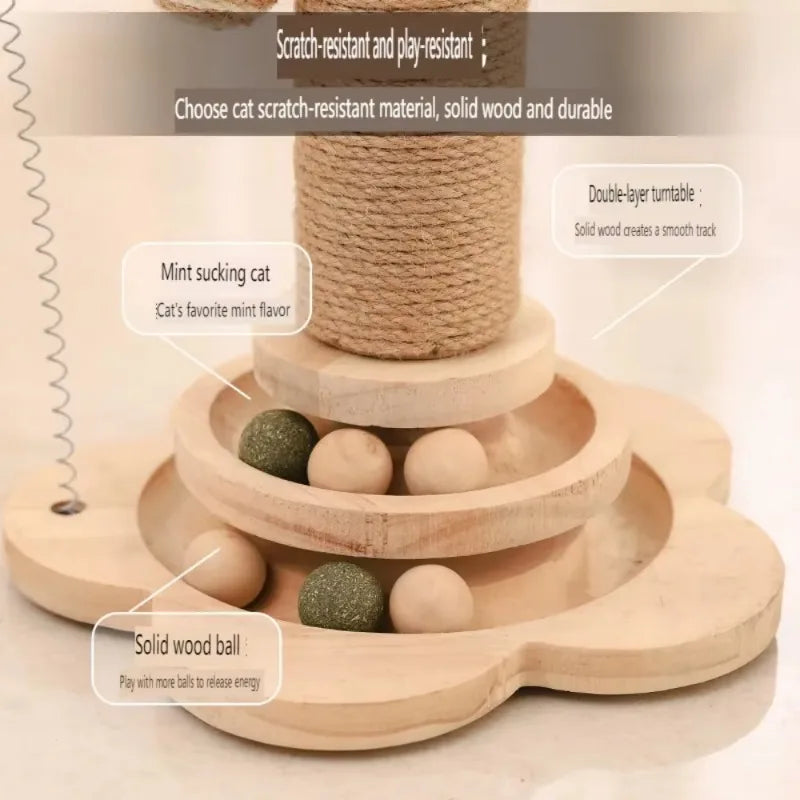 Durable Sisal Cat Scratcher Turntable with Funny Stick Balls Solid Wood Cat Toy Scratching Board Pet Supplies Climbing Frame
