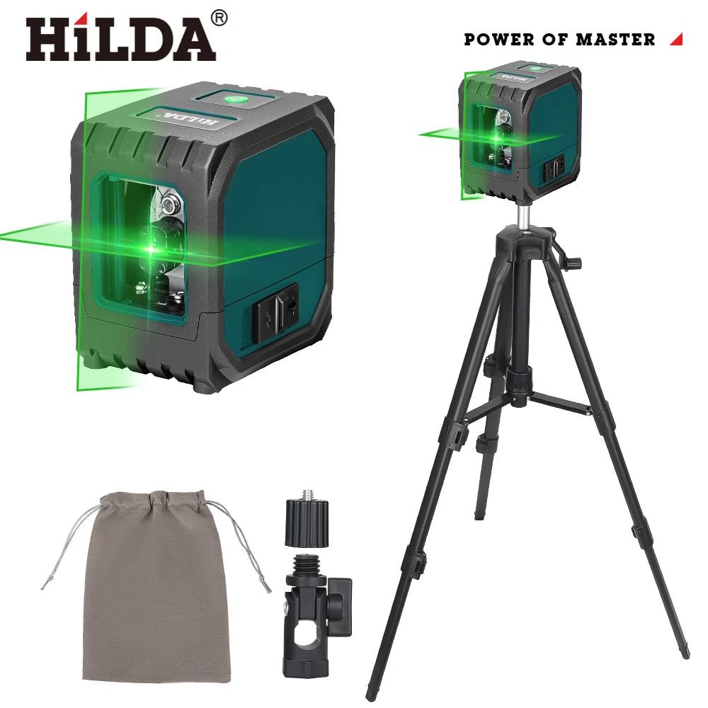 HILDA 2 Lines Mini Laser Level Self Levelling Green Beams Laser Horizontal & Vertical Cross-Line USB Charging