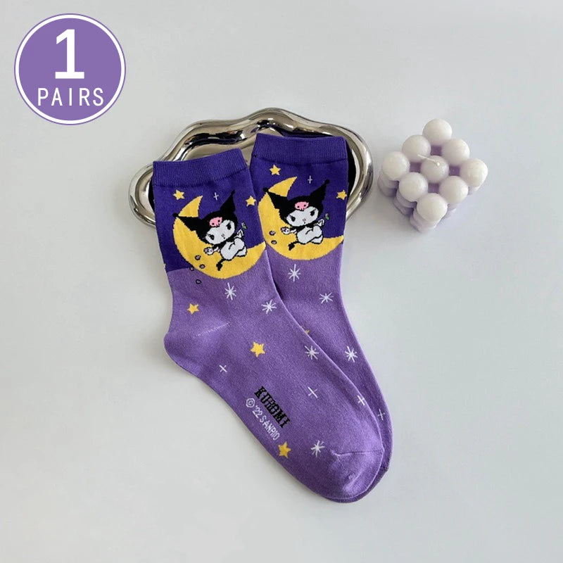 1/5 Pair of Fashionable and High Aesthetic Dreamy Party Sanrio Cute Cartoon Kawaii Purple Kuromi Women's Exquisite Stockings