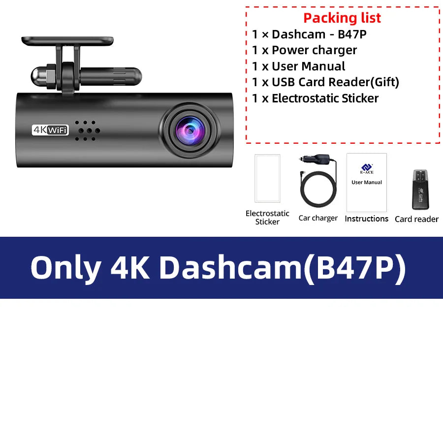 E-ACE 4K UHD WIFI Mini Dash Cam Car Dvr Video Recorder With APP Control Night Vision 24H Parking Camera Monitor Car Accessories