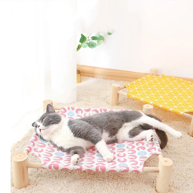 Wood Canvas Elevated Cat Bed, House, Hammocks, Lounge Bed for Small Rabbit Cats and Dogs, Durable Pet Supplies