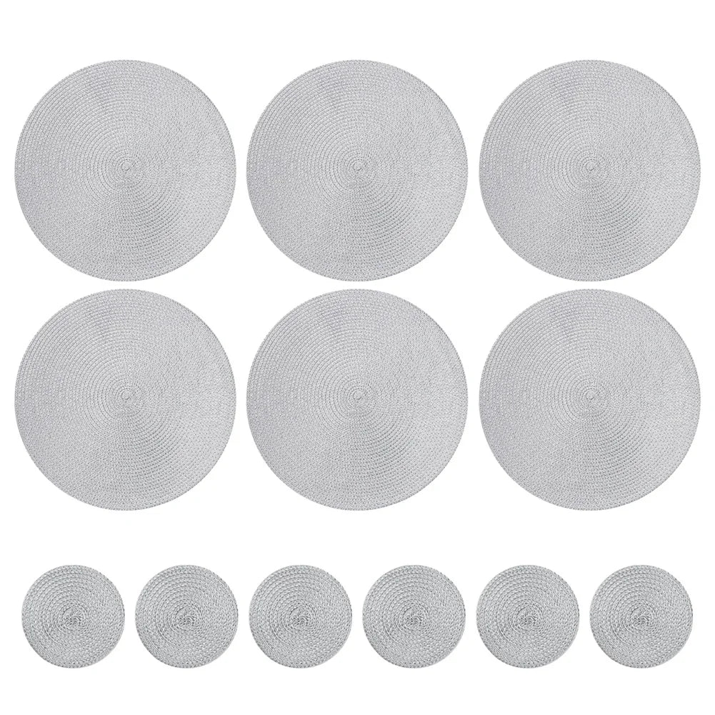 Set of 12 Round Braided Table Mat Washable Placemats Non Slip Heat Resistant for Kitchen Dining Tables Pad With Cup Coasters