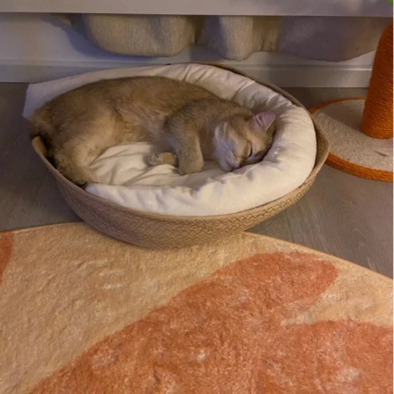 Woven Rattan Cat Basket Nesting Bed All-Season Cozy Kitten Lounger Cushion Scratching Board Detachable 2 in1 Cats Beds House