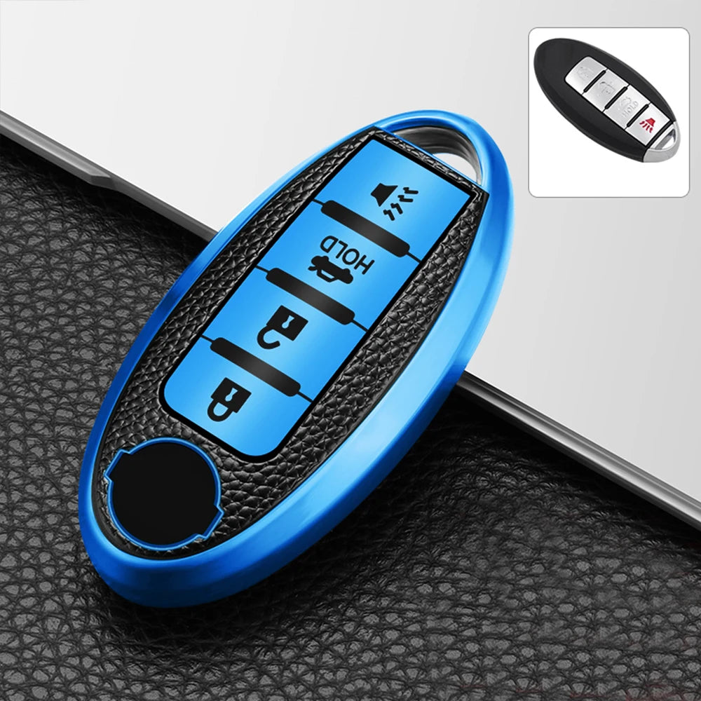 For Infiniti Nissan Altima Maxima Murano Rogue Sentra 370z Leather TPU Car 4Button Key Case Cover Keychain Protector Accessories