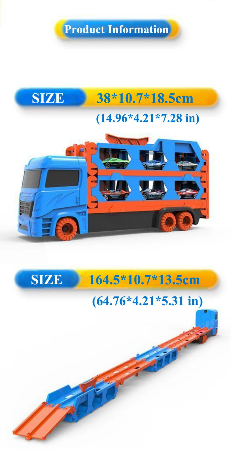 Transport Truck Toy 65-Inch Foldable Toddler Car Carrier for Boy Girl 9 in 1 Race Track and Die-Cast Truck Race Car Gift Vehicle
