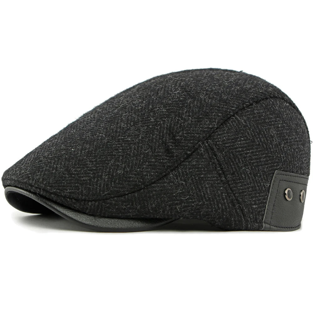 HT5025 Beret Cap Striped Beret Hats with Ear Flaps Male Female Adjustable Ivy Flat Cap Fleece Lined Winter Hat Women Mens Berets