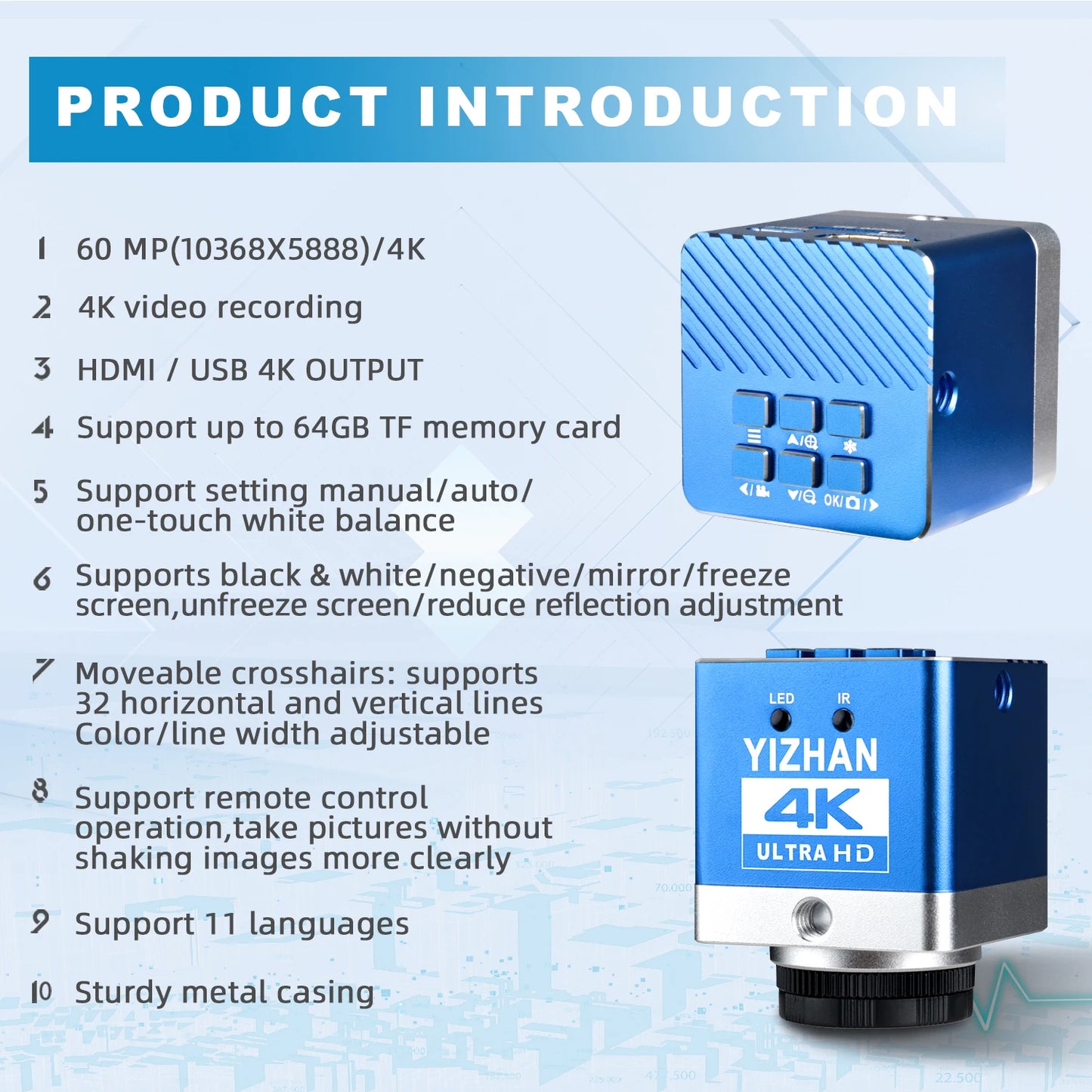 YIZHAN 4K UHD Digital Microscope 60MP Industrial Microscope 150X Lens 0.3X 0.5X 2X OBL for PCB Soldering/Jewelry Repair/Dentist