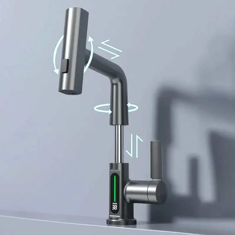Temperature Digital Display Basin Faucet For Bathroom Pull Out Waterfall Stream 3 Way Sprayer Hot Cold Water Sink Mixer Wash Tap