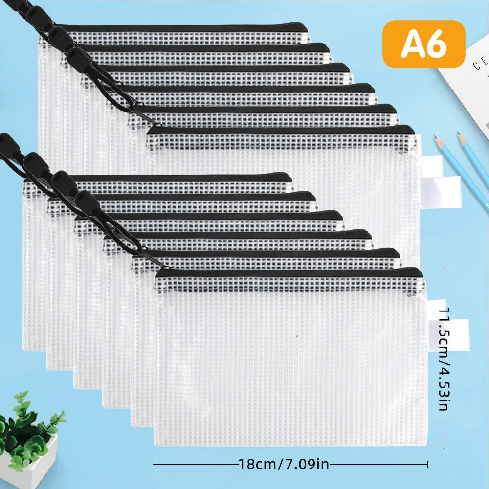 12-piece plastic mesh zip file bag, waterproof and tear-resistant file folder, multi-size zip file bag for school office home tr
