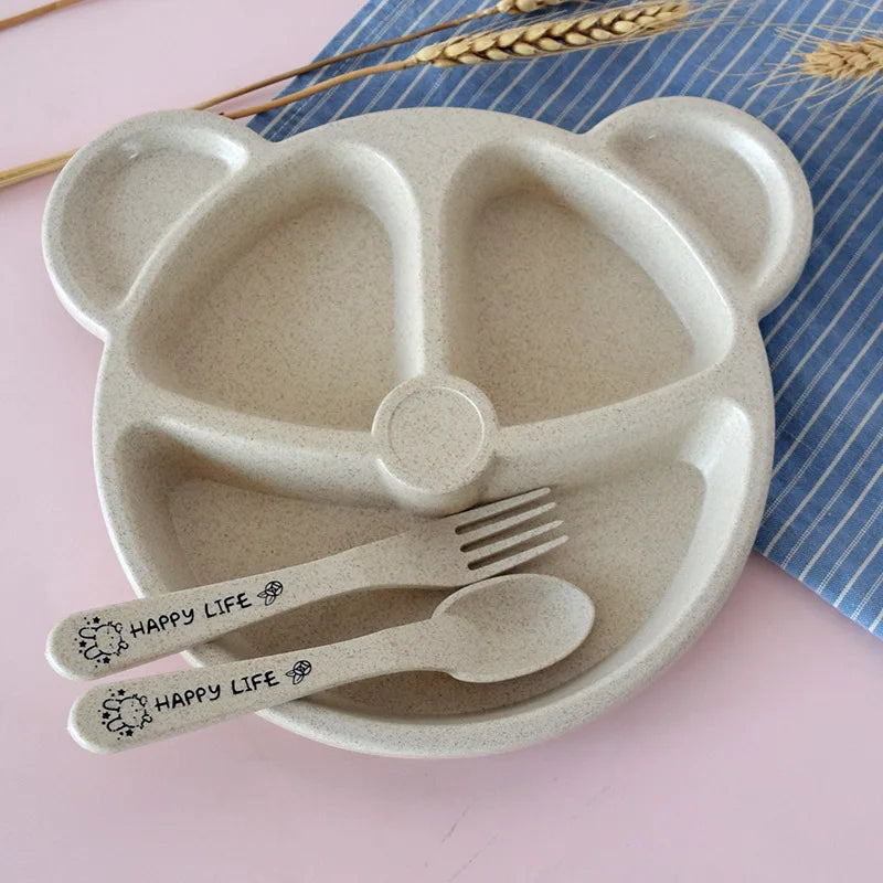 3pcs Wheat Straw Children's Compartment Dinner Plate Kindergarten Student Bear Tableware Set Children's Tableware Lunch Box