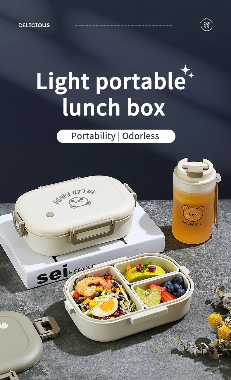 WORTHBUY Portable Plastic Bento Lunch Box With 3 Removable Compartment Leak-proof Microwave Salad Food Container For Kids School