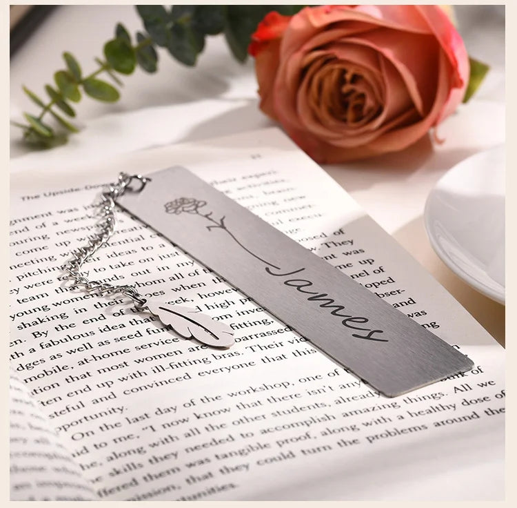 Personalized Birth Flower Bookmark With Name Text, Stainless Steel Customized Bar Birthday Gift For Women Daughter Sister Friend