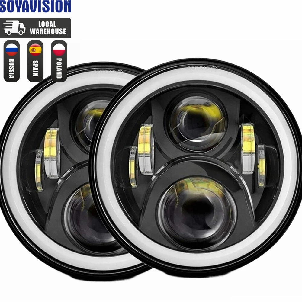 2x Car 7 Inch Led Headlight Hi/Low H4 Halo Angle Eyes DRL For Jeep JK TJ OffRoad Defender Hummer 4x4 Suzuki Samurai Headlamp