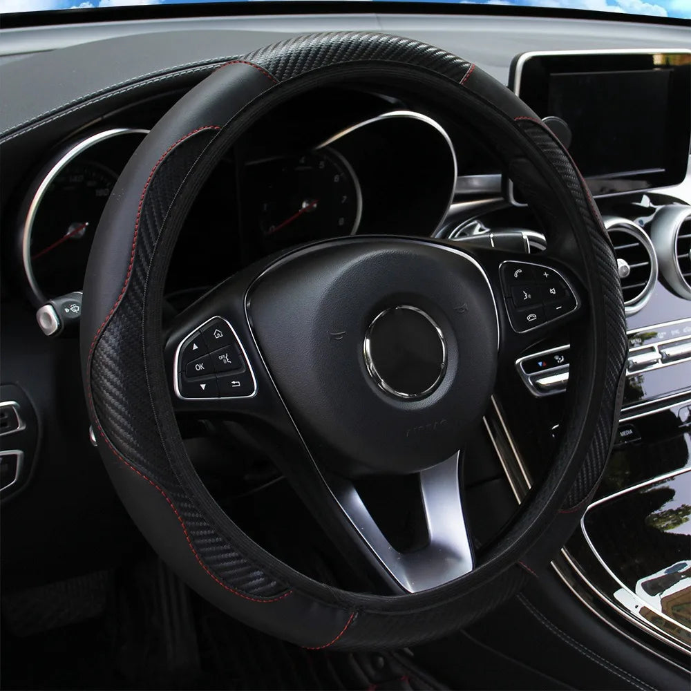 PU Carbon Fiber Leather Car Steering Wheel Cover Without Inner Ring Universal Suitable for 14.5-15 Inches of Automotive Supplies