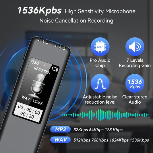 128GB Digital Sound Activated Voice Recorder Pen 0G-64GB Card Dictaphone Audio Recorder 1536KBPS Recording Interviews MP3 Player