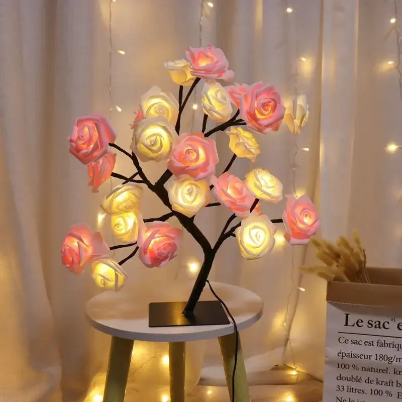 LED Rose Tree Desk Lamp USB Powered Artificial Flower Night Light Bedroom Living Room Party Wedding Valentine's Day Decoration