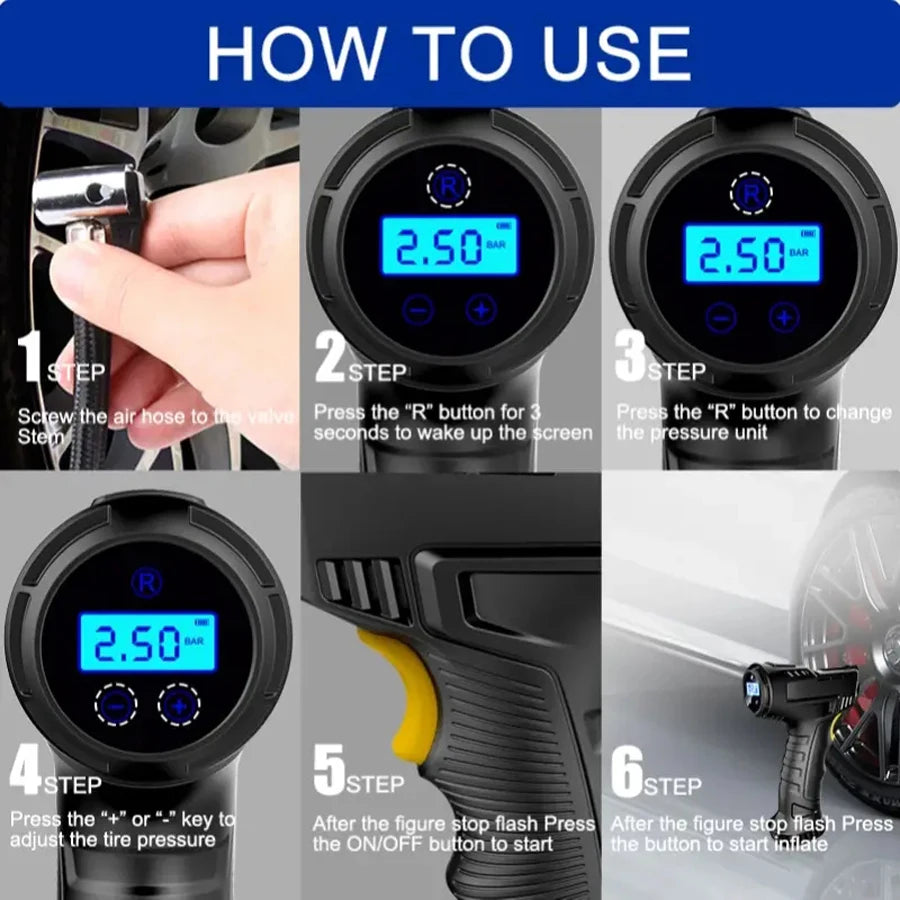 1 Set Car Mounted Inflation Pump Handheld Smart Home Car Motorcycle Portable Tire Inflation Pump Black Portable