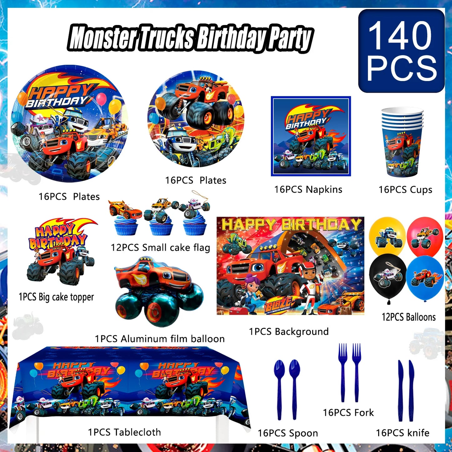 Monster Truck Party Supplies,140pcs Monster Truck Birthday Decorations&Tableware Set Blaze Party Decorations for Kids