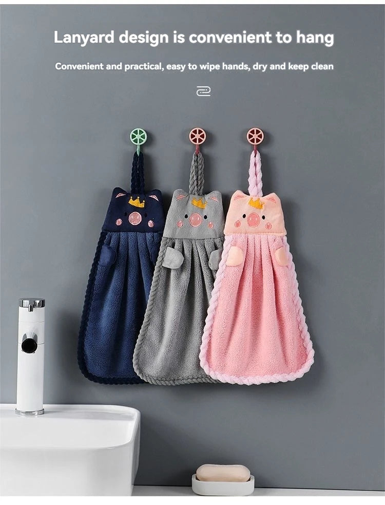 Soft Coral Velvet Hanging Towel with Adorable Piggy Embroidery for Bathroom Kitchen Dishwashing Handkerchief Cloth