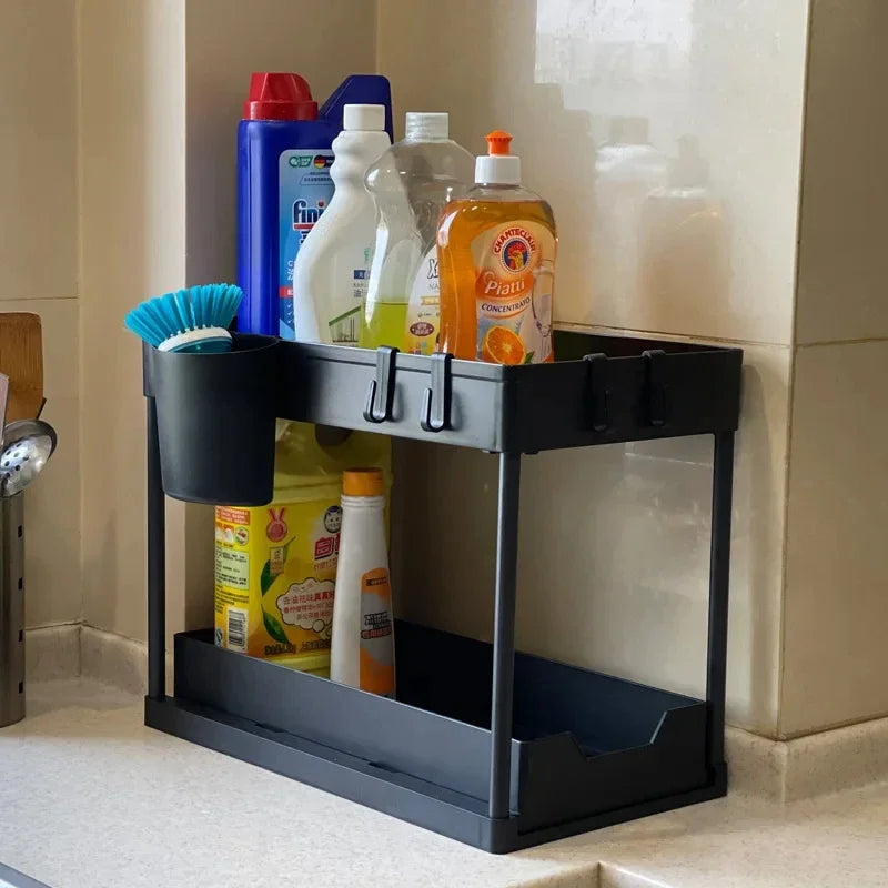 Organization and storage under the sewer, kitchen finishing rack with double sliding drawers, multifunctional storage rack shelf