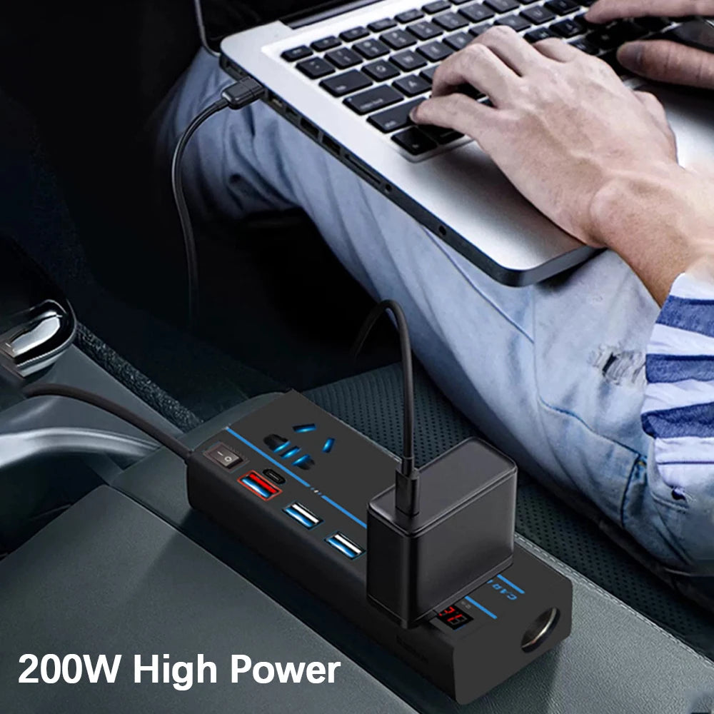DC 12V/24V to AC 110V/220V Converter USB/PD/Type-C Chargers 200W 8 Ports Sockets ON/OFF Switch Power Adapter Car Inverter QC 3.0