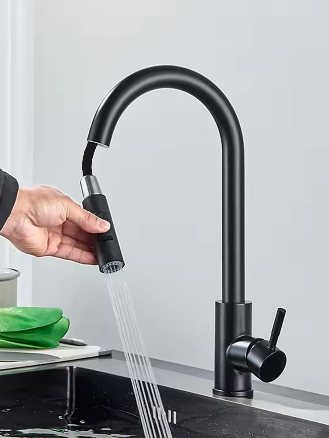 A Kitchen Stainless Steel Pull-out Cold and Hot Water Mixing Faucet with a 3-function Pull-out Nozzle
