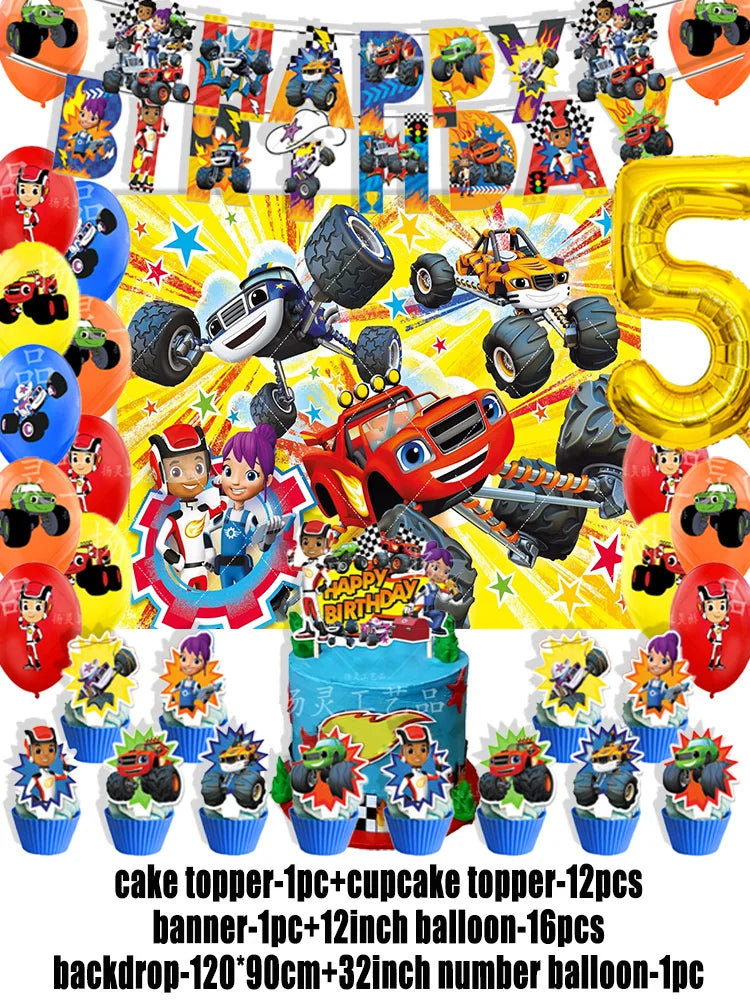 Blaze Monster Machines Theme Birthday Party Supplies Decor Cartoon Truck Balloon Banner Backdrops Cupcake Topper for Kids Gifts