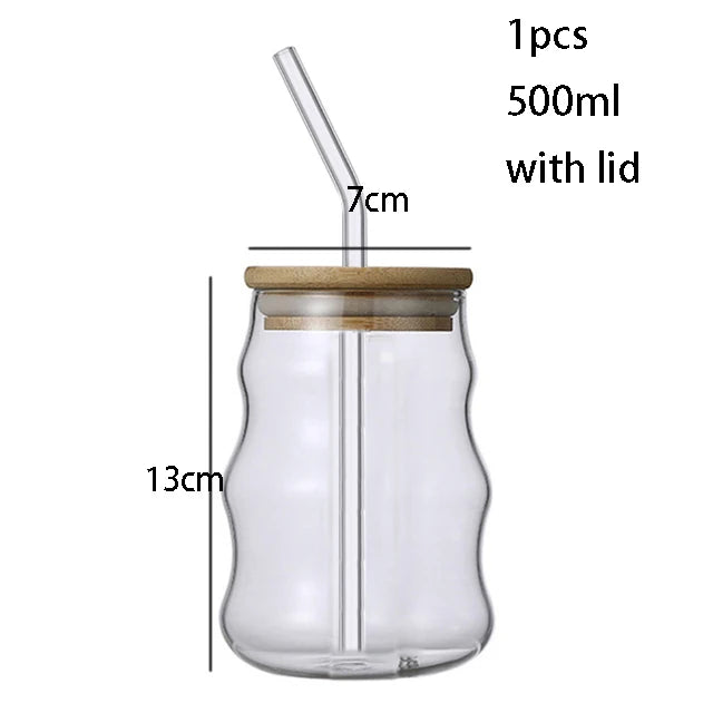 1/2pcs 500ml Glass Tumblers Cups With Straw Mason Jar Clear Juice Coffee Milk Cup With Bamboo Lids Drinkware Stripe Beer Mug