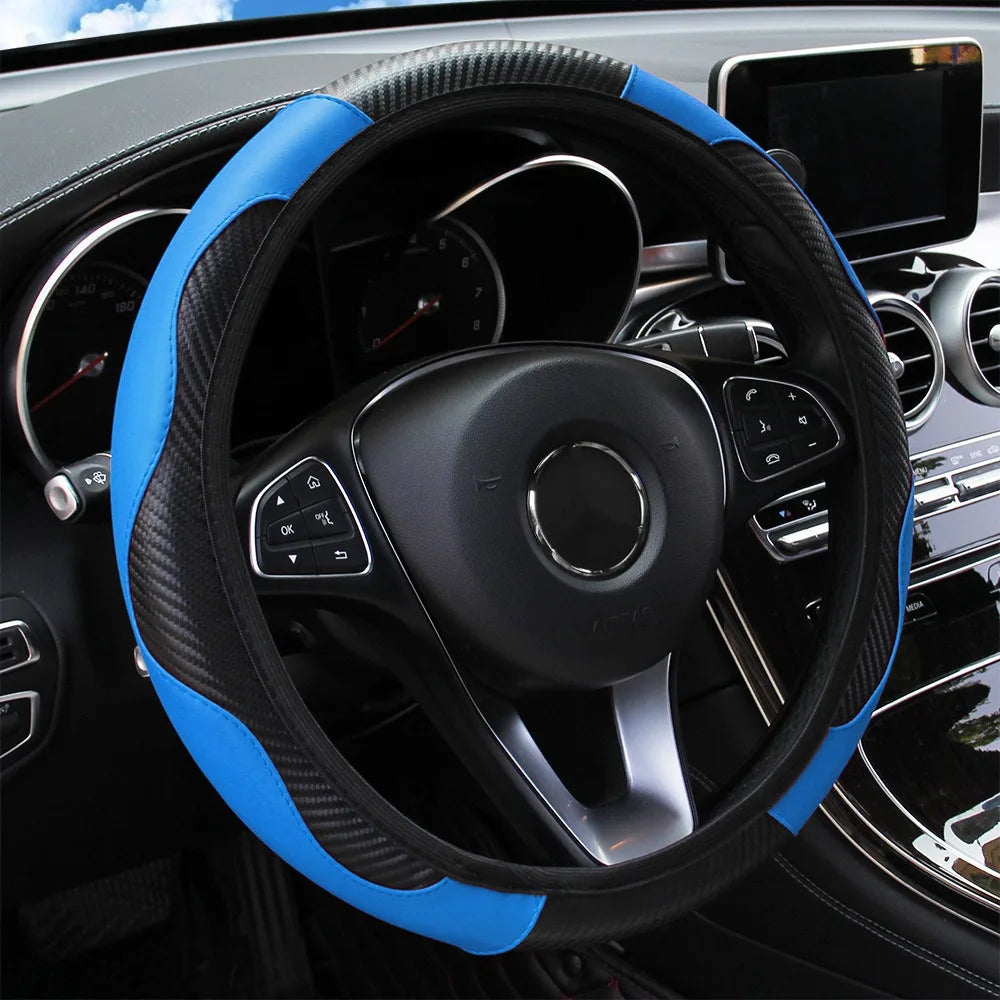 PU Carbon Fiber Leather Car Steering Wheel Cover Without Inner Ring Universal Suitable for 14.5-15 Inches of Automotive Supplies