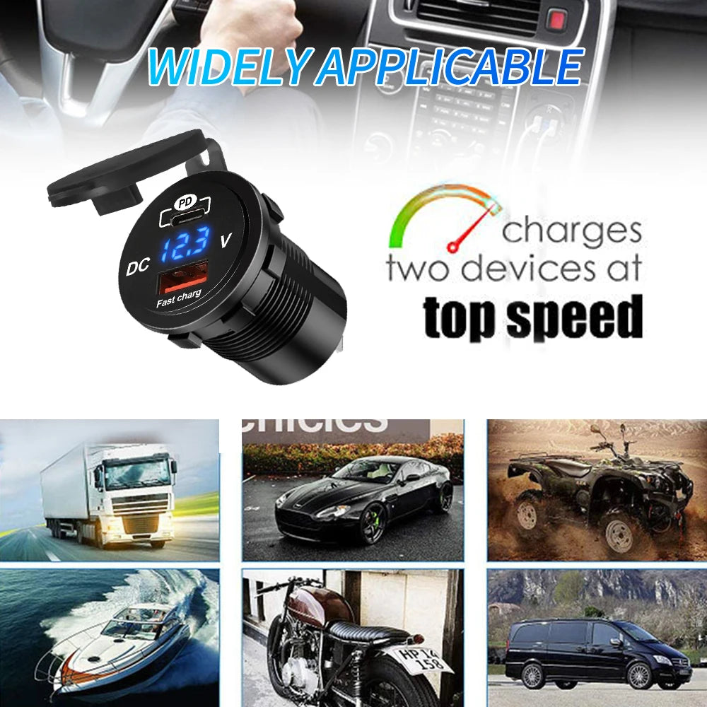 60W PD QC3.0 Car Charger Socket with Voltage Meter Quick Charge 3.0 Socket Power Outlet for 12V/24V Motorcycle Truck Boat