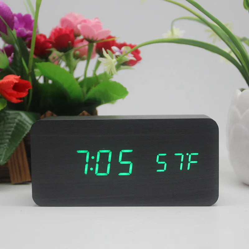 Wooden Digital Alarm Clock with Wireless Charging, LED Clock with Time, Date,Temperature, Desk Clocks for Office,Bedside Clock