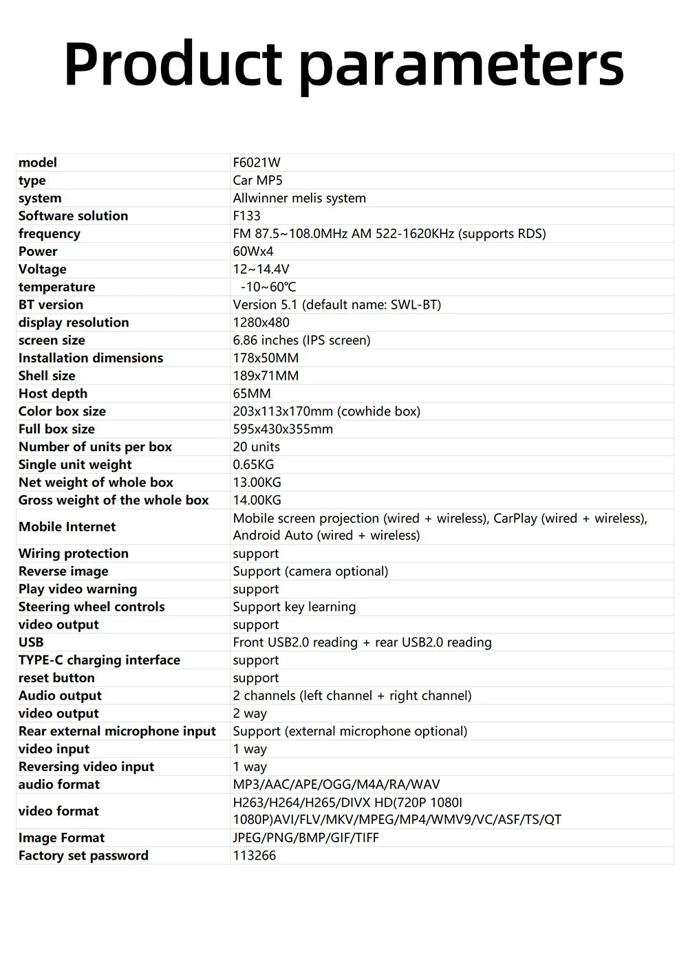 1din 6.86" HD Car Radio Multimedia Carplay Touch Screen Mirror Link Stereo Bluetooth USB FM Camera MP5 Player