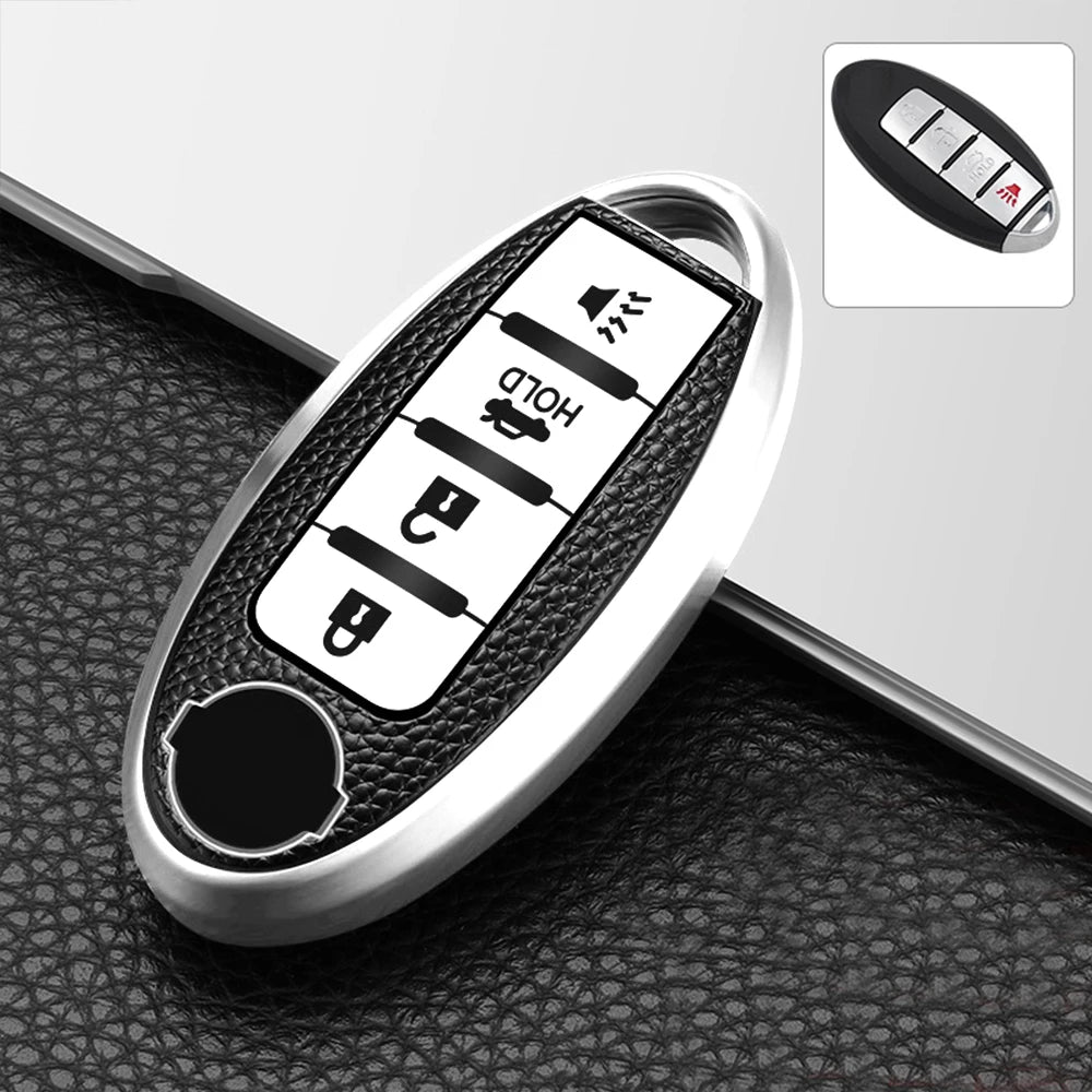 For Infiniti Nissan Altima Maxima Murano Rogue Sentra 370z Leather TPU Car 4Button Key Case Cover Keychain Protector Accessories