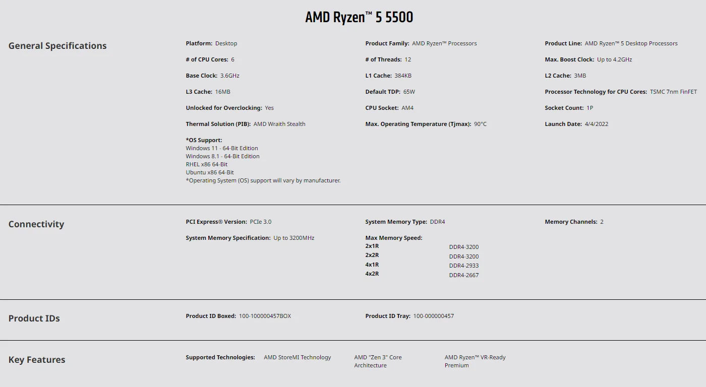 AMD Ryzen 5 5500 R5 5500 3.6GHz 6-Core 12-Thread CPU Processor 7NM L3=16M 100-000000457 Socket AM4 No Fan