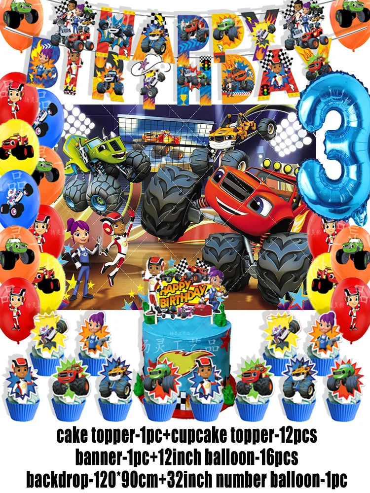 Blaze Monster Machines Theme Birthday Party Supplies Decor Cartoon Truck Balloon Banner Backdrops Cupcake Topper for Kids Gifts