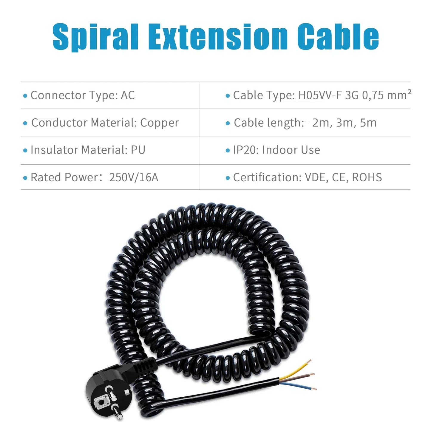 2/3/5 m Euro gauge Replaceable coil cable 250V 16A ground contact male plug end 6cm extension cord for electrical appliances